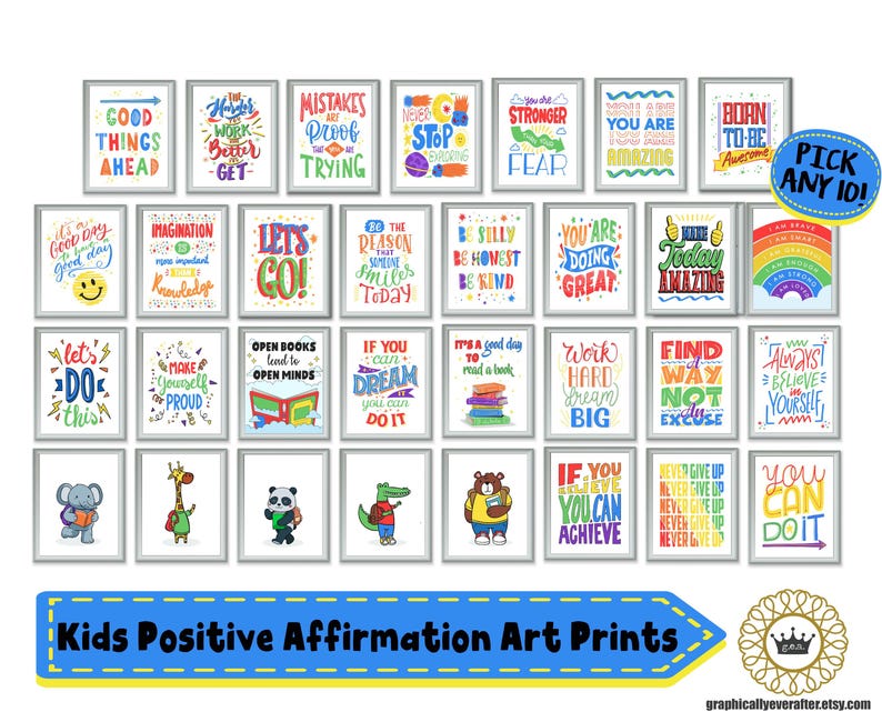 Set of 10 Kids Affirmation Art Prints, Inspirational Playroom Posters ...