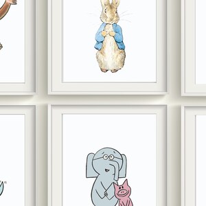 May include: A set of six framed illustrations featuring various cartoon animals. The illustrations include a monkey, a rabbit, a hedgehog, a pigeon, an elephant, and a mouse.