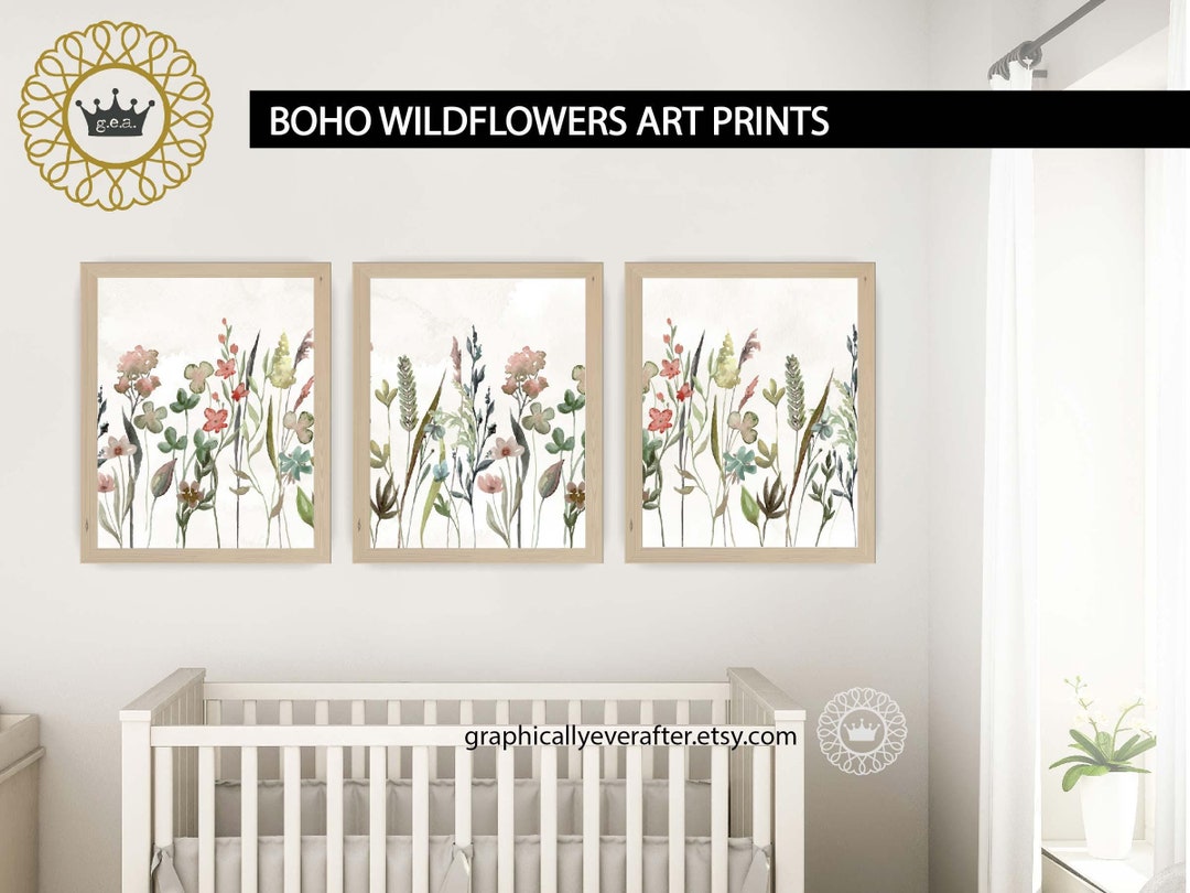 Set of 3 Boho Wildflowers Art, Neutral Wildflowers Nursery Art Prints ...