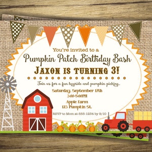 May include: A rustic-themed birthday invitation for a child named Jaxon turning 3. The invitation features a red barn, a tractor, pumpkins, and a banner with flags. The text reads "You're invited to a Pumpkin Patch Birthday Bash Jaxon is turning 3!" with details about the event, including the date, time, location, and RSVP information.