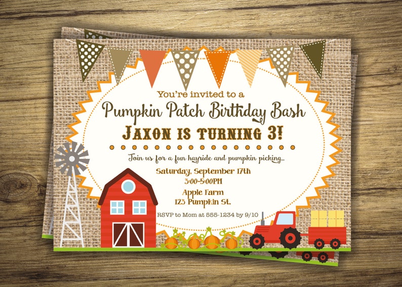 May include: A rustic-themed birthday invitation for a child named Jaxon turning 3. The invitation features a red barn, a tractor, pumpkins, and a banner with flags. The text reads "You're invited to a Pumpkin Patch Birthday Bash Jaxon is turning 3!" with details about the event, including the date, time, location, and RSVP information.
