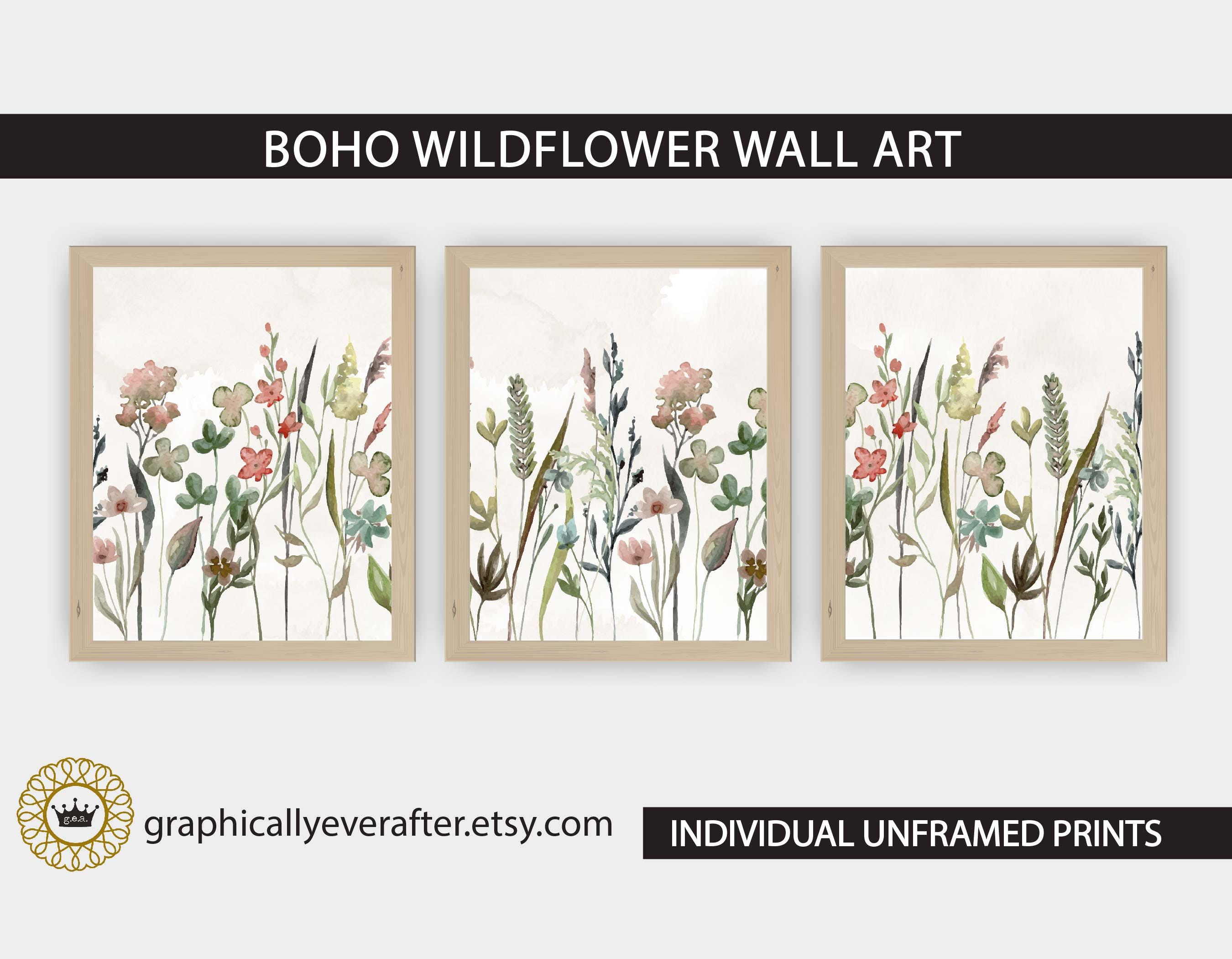 Set of 3 Boho Wildflowers Art, Neutral Wildflowers Nursery Art Prints ...