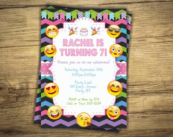 Emoji Birthday Invitation Pink Chevron Zig Zag Theme Invite - Girl Party, Digital File, Printable