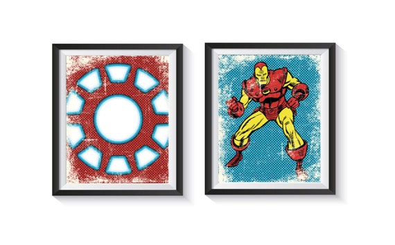 Retro Iron Man And Logo Distressed Vintage Style Superhero Art Print Set Qty 2 Nursery Bedroom Playroom Decor