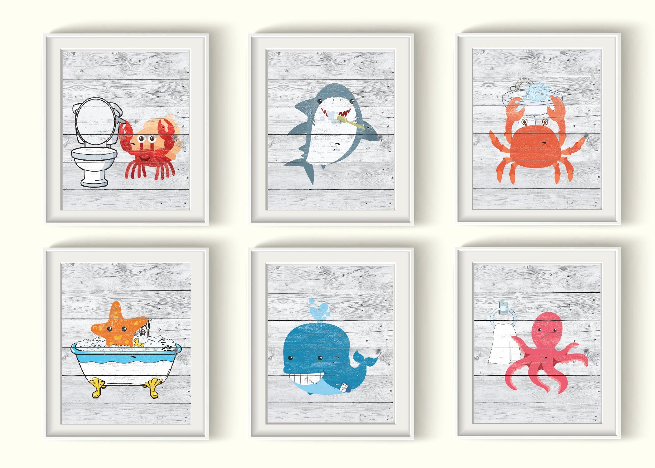 Ocean Animals Kids Bathroom Art Prints Qty 6 Boy Girl Gender Neutral Shabby  Chic White Wood Rustic Whale Shark Octopus Beach Shore House - Etsy, image size:2100x1500