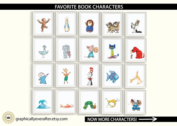 Book Characters Art Prints UNFRAMED Qty 4 Baby Girl Boy Gender Neutral Nursery, Library PreSchool Stories Classic Storybook Baby Shower Gift