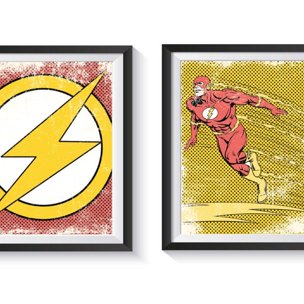 Retro Flash and Logo Distressed, Vintage Style Superhero Art Print Set - Qty 2 - NURSERY, BEDROOM, PLAYROOM decor