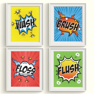 Superhero Bathroom Art Prints Set - Qty 4 - Wash, Brush, Floss, Flush Boys Bathroom, Retro Superhero Boys Bathroom - Distressed Wall Posters
