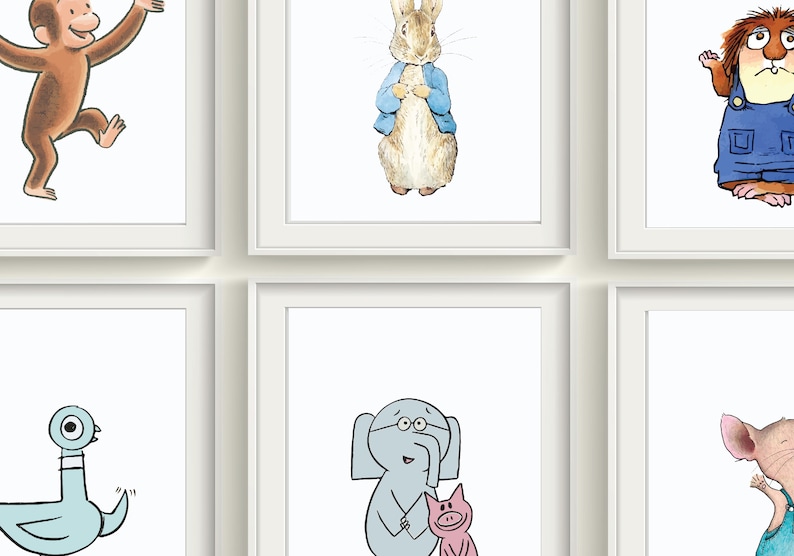 Op de afbeelding: Een set van zes ingelijste illustraties met verschillende cartoondieren. De illustraties bevatten een aap, een konijn, een egel, een duif, een olifant en een muis.