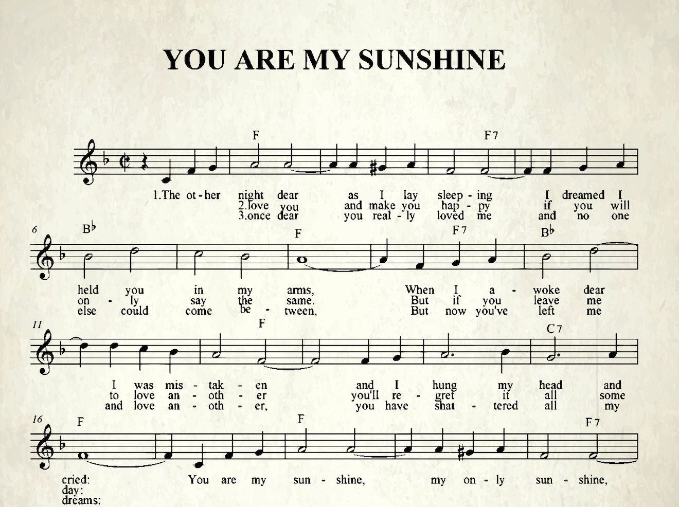 You Are My Sunshine Music Sheet Vintage Music Nursery Gender