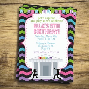 May include: A colorful invitation for a 5th birthday party at a children's museum. The invitation features a black and white silhouette of a museum building with the word "MUSEUM" in rainbow letters. The invitation also includes the text "Let's explore and play as we celebrate Ella's 5th Birthday!" and the date and time of the party.