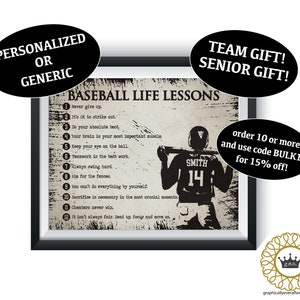 May include: A black and white printable poster with a baseball player silhouette and a list of 12 baseball life lessons. The text reads "Baseball Life Lessons" and includes phrases like "Never give up", "It's OK to strike out", and "Teamwork is the best work".