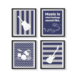 Music Nursery Wall Art Prints, Set of 4 Music Nursery Decor, BEDROOM, PLAYROOM decor Musical Instruments Blue Gray Guitar Baby Shower Gift