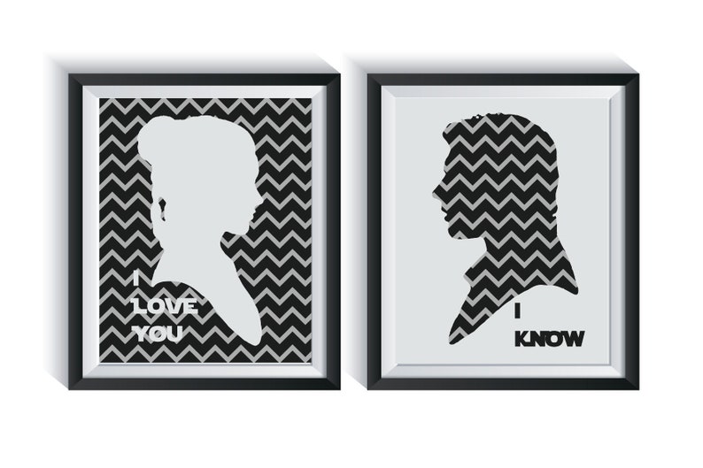 Princess Leia Han Solo I love you I know Art Prints Chevron Zig Zag Modern Qty 2 Bedroom Decor Valentines Star Wars Engagement Wedding Gift