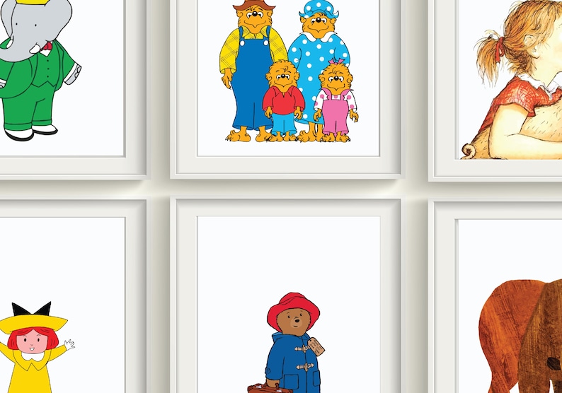Op de afbeelding: Een set van zes ingelijste illustraties met verschillende kinderboekfiguren. De illustraties tonen een groene olifant in een pak, een berenfamilie, een meisje met een paardenstaart, een meisje in een gele jurk, een beer met een rode hoed en een blauwe jas en een bruine beer.