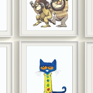 May include: Five framed illustrations of children's book characters. The illustrations are in a white frame with a white background. The characters are a blue baby holding a purple stick, two furry creatures, a blue cat with a yellow shirt, and a red dog with a girl holding a book.