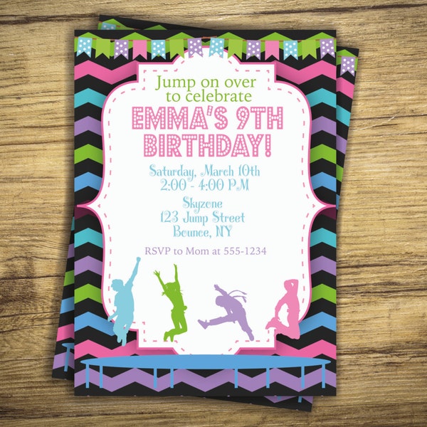 Trampoline Birthday Party Invitation Girls Jumping, Bouncing Invite Get Air Sky Zone 6th 7th 8th 9th 10th Bounce, Digital File, Printable