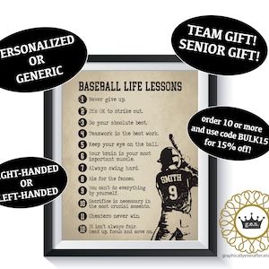 Baseball Life Lessons Art Print Qty 1 Sports Bedroom Dorm Room Decor Motivational Team Senior Gift decor Boys Birthday Present Personalized