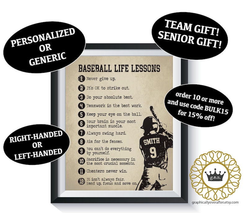 Pode incluir: Um cartaz imprim&iacute;vel com um jogador de beisebol em estilo vintage. O cartaz apresenta uma lista de 12 li&ccedil;&otilde;es de vida sobre beisebol, incluindo "Nunca desista", "&Eacute; ok para bater fora" e "Trabalho em equipe &eacute; o melhor trabalho". O cartaz &eacute; emoldurado em preto e tem um logotipo de coroa dourada no canto inferior direito.