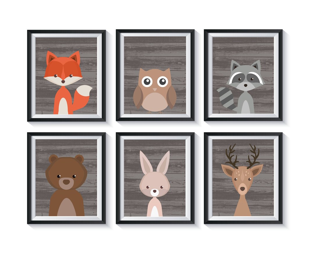 Forest Nursery Art Prints Woodland Animals UNFRAMED Qty 4 Gender Neutral Rustic Wood Bedroom