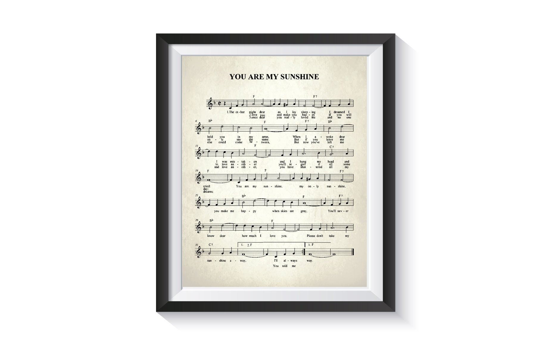 You Are My Sunshine Music Sheet Vintage Music Nursery Gender Neutral BEDROOM Song Sheet Notes Decor baby shower gift Boy Girl pregnancy