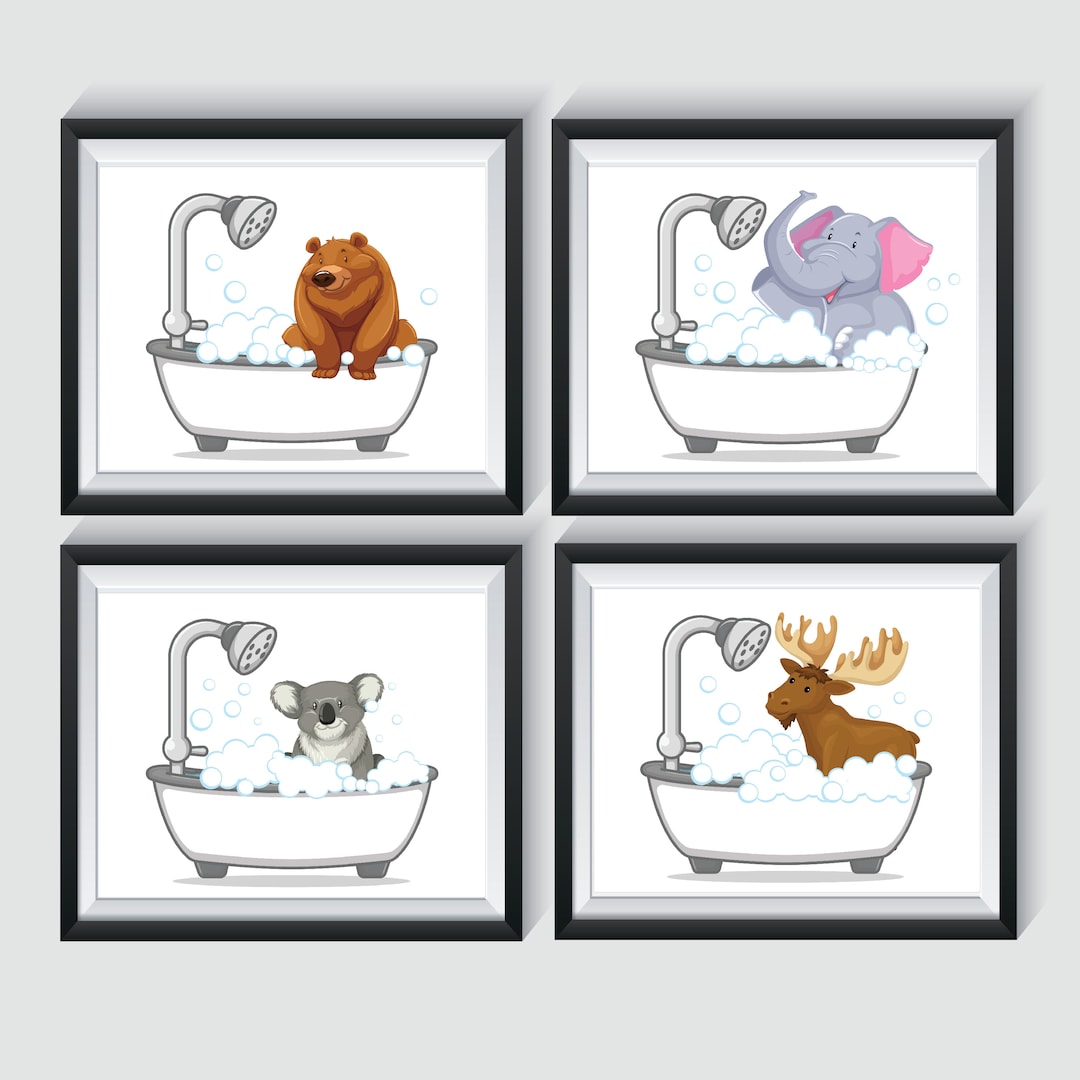 Kids Bathroom Art Prints Cute Animals UNFRAMED Qty 8 Wall Decor ...