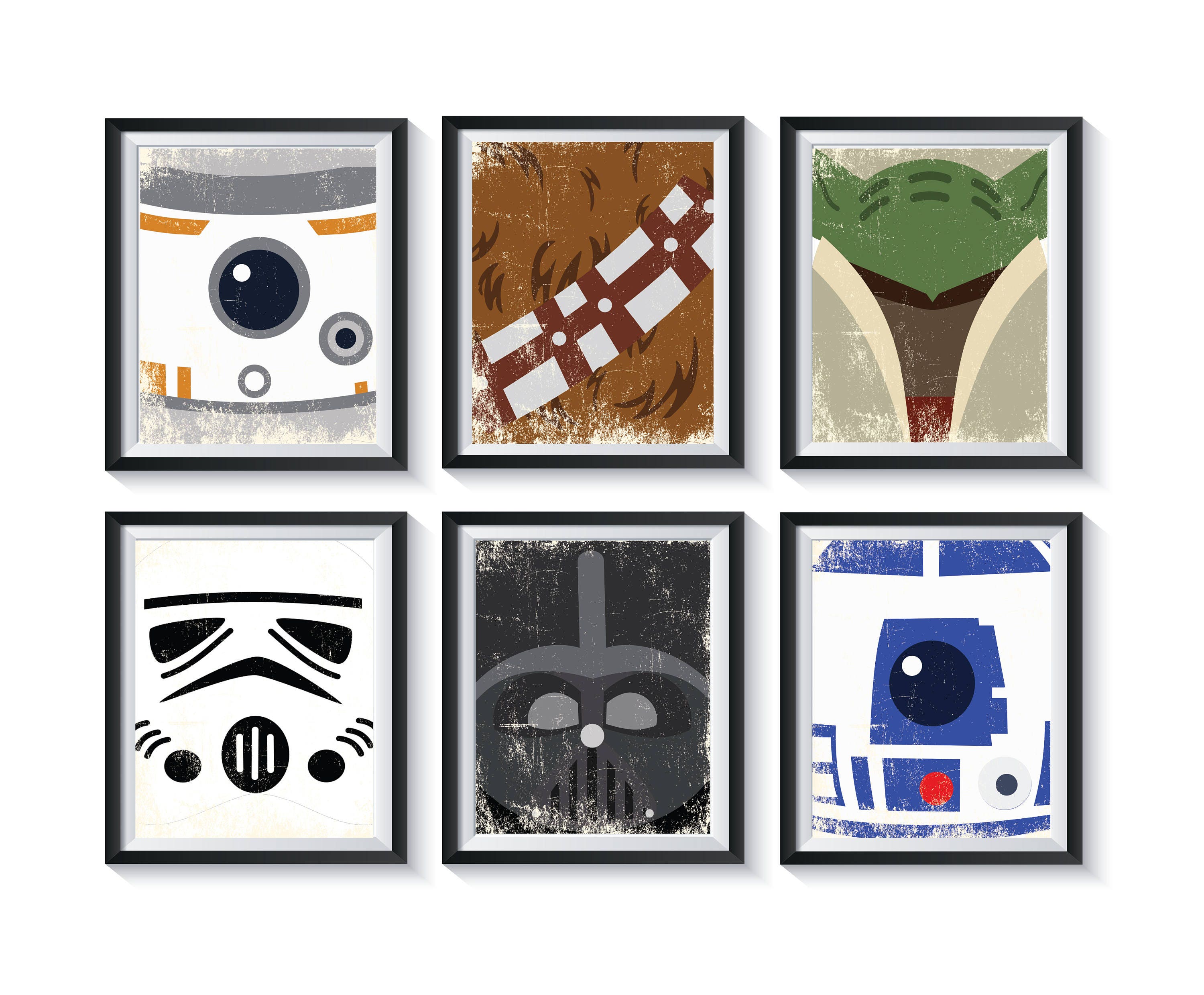 Minimalist Star Wars Art Print Set - Qty 4 - Retro, Distressed, Man Cave, Bedroom, Playroom, Office Decor - Darth Vader, Luke Skywalker