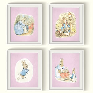 Peter Rabbit Art Prints Qty 4 UNFRAMED Vintage, Baby Girl Baby Boy Pastel Pink Blue NURSERY, BEDROOM, Beatrix Potter Bunny Rabbits posters