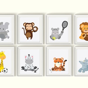 Jungle Animals Sports Nursery Art Prints UNFRAMED Qty 6 Gender Neutral Wall Decor Safari Elephant Bedroom Basketball Soccer Baby Shower Gift