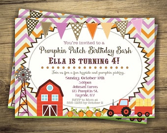 Fall Pumpkin Patch Birthday Invitation Hayride, Farm, Pumpkin Picking Party Invite, Boy Girl, Pink Orange Chevron - Digital File, Printable