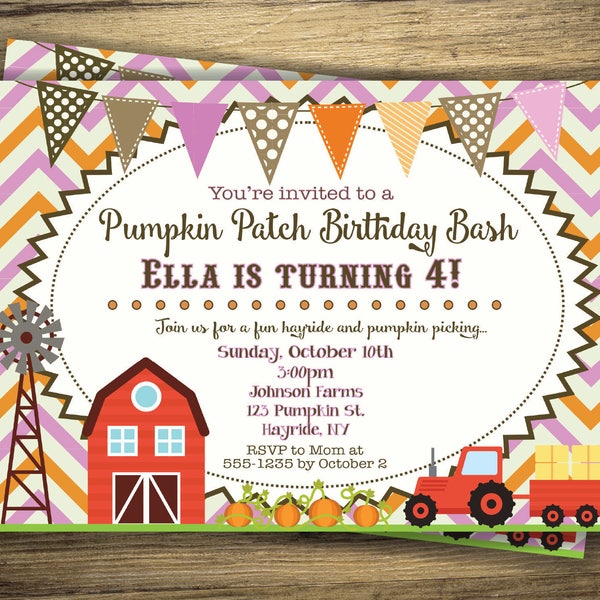 Fall Pumpkin Patch Birthday Invitation Hayride, Farm, Pumpkin Picking Party Invite, Boy Girl, Pink Orange Chevron - Digital File, Printable