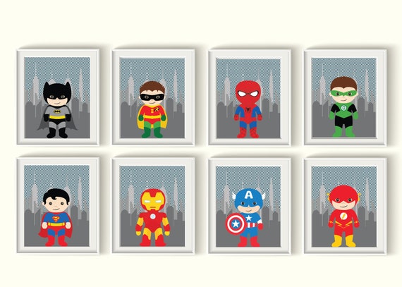 Cute Superheroes Art Prints Set Qty 4 Unframed Bedroom Decor Superhero Nursery Batman Iron Man Flash Green Lantern Superman Gender Neutral