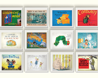 Classic Story Books Nursery Art Prints UNFRAMED Qty 5 Library Decor Baby Girl Boy Gender Neutral Bedroom Goodnight Moon Guess How Much Gift