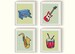 Music Nursery Art Prints UNFRAMED, Boys Girls BEDROOM Colorful playroom decor Musical Instruments, Guitar, Drums, Piano, Saxophone Qty 4 