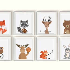 Woodland Animals Sports Art Prints UNFRAMED Qty 4 Nursery Wall Decor Forest Animals Playroom Lacrosse Basketball Soccer Football Baseball