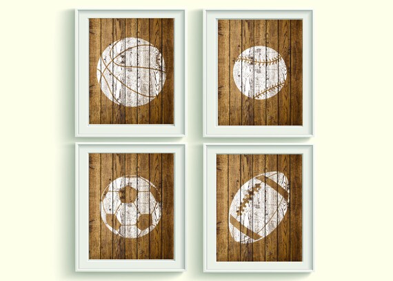 Rustic Wood Distressed Sports Balls Art Prints Qty 4 Bedroom Nursery Playroom Decor Theme Baseball Basketball Football Soccer