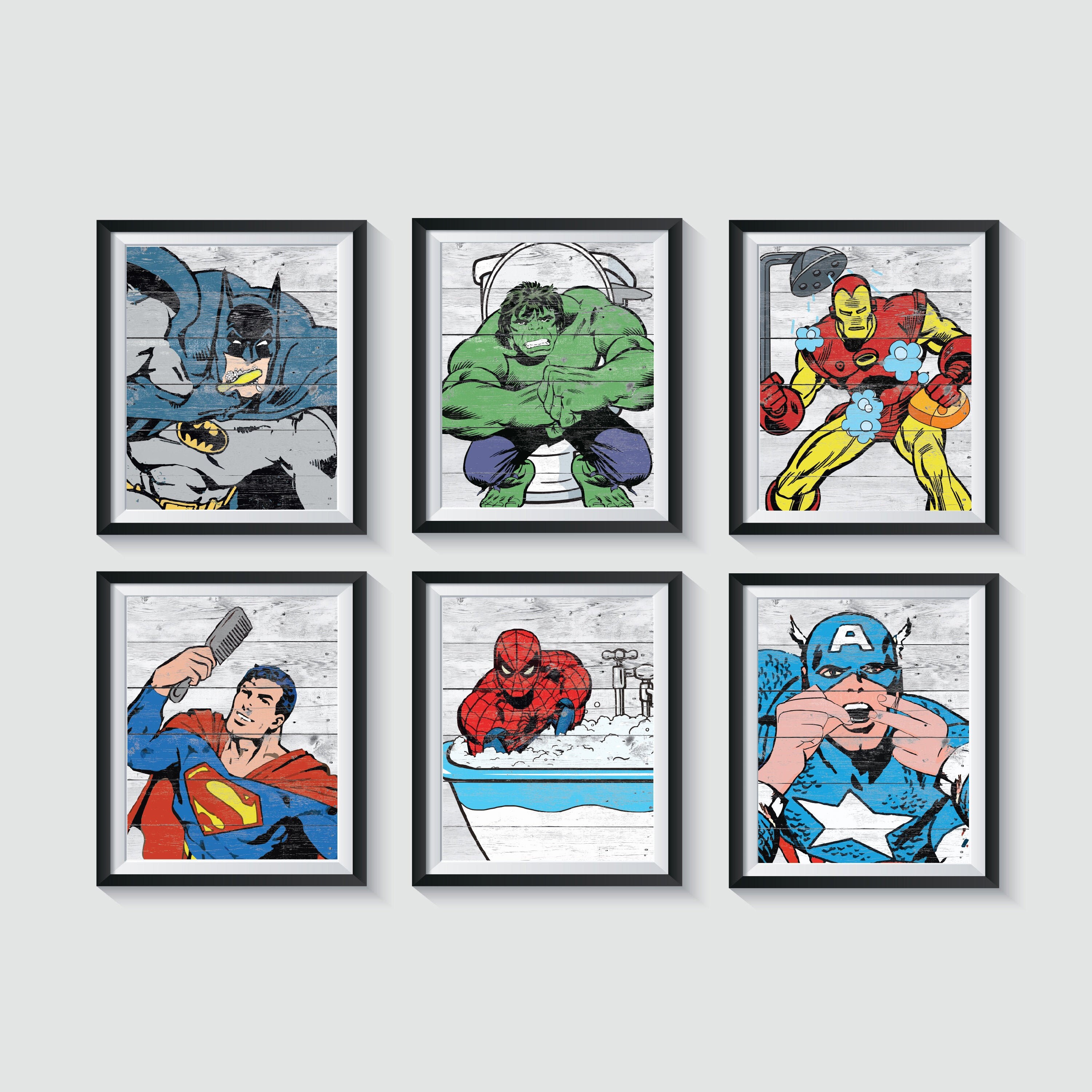 Superhéroe baño madera arte imprime Qty 6 Retro desapurado | Etsy