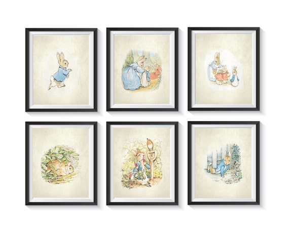 Peter Rabbit Art Prints Set - Qty 6 - Vintage, Retro, Baby Girl Boy Gender Neutral NURSERY, BEDROOM, Beatrix Potter, Bunny, posters
