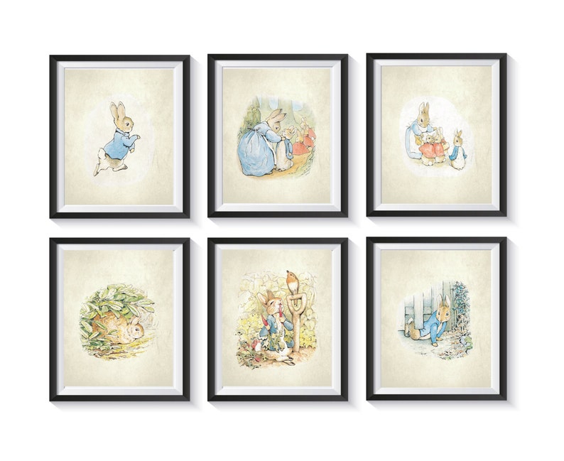 Peter Rabbit Art Prints Set - Qty 6 - Vintage, Retro, Baby Girl Boy Gender Neutral NURSERY, BEDROOM, Beatrix Potter, Bunny, posters bild 1