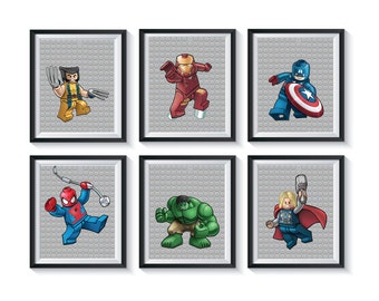 Boys Superhero Wall Art Prints Qty 6 Nursery Decor, Bedroom, Playroom Decor Hulk Spider-Man, Iron Man Big Boy Room Birthday Gift Present