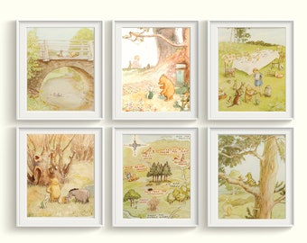 Winnie the Pooh Art Prints Set Qty 6 Classic Pooh wall decor Baby Girl Boy Gender Neutral NURSERY BEDROOM 100 aker baby shower gift artwork