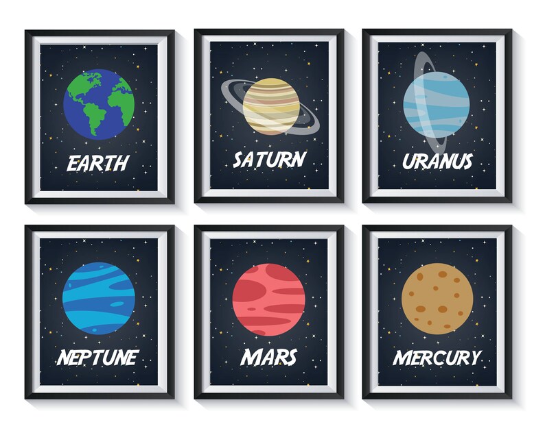 Solar System Planets Art Prints Set Unframed Qty 6 Outerspace Nursery Bedroom Playroom Moon Earth Sun Saturn Outer Space Science Boy Girl