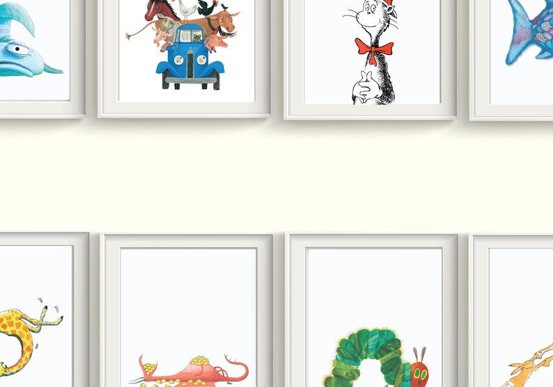 May include: A collage of eight framed illustrations featuring various children's book characters. The illustrations include a blue fish, a blue truck with animals, a cat wearing a red hat, a green caterpillar, a giraffe, a pink seahorse, a fish, and a kangaroo.
