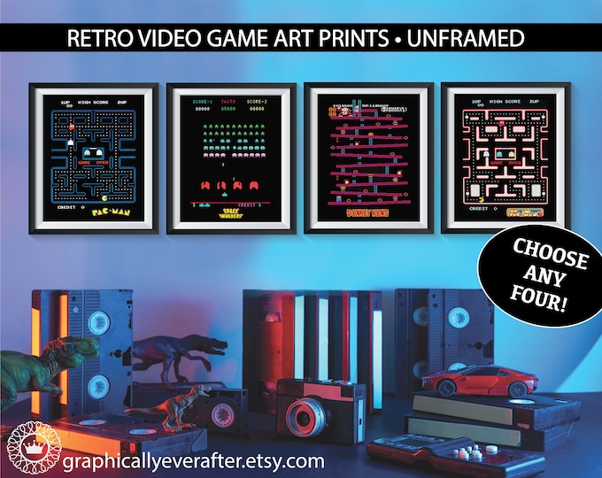 Retro Video Games Art Prints Game Room Posters UNFRAMED Qty 4 Vintage Arcade Game Playroom Gamer Wall Art Decor Man Cave Birthday Gift Ideas