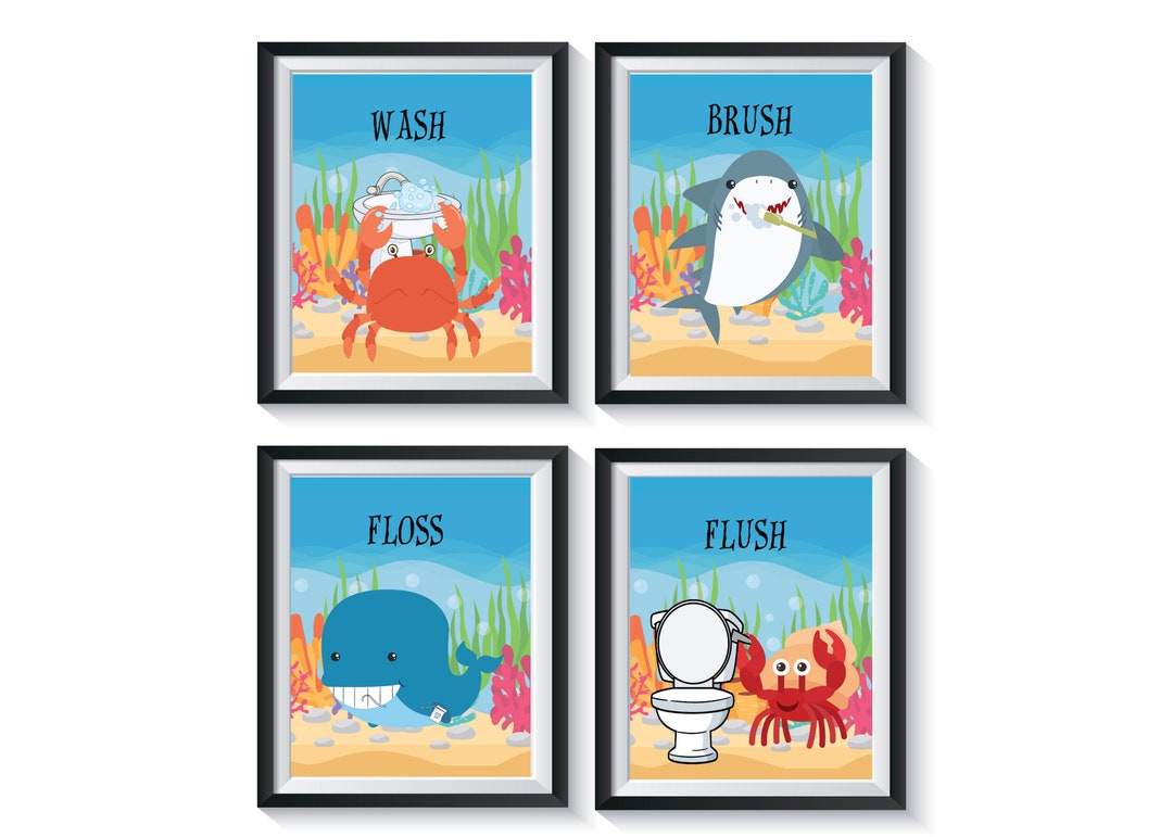 Sea Animals Bathroom Art Prints Qty 4 Wall Decor Boy Girl Gender