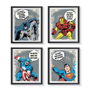 Retro Superhero Art Prints Distressed, Inspirational Vintage Qty 8 BEDROOM, PLAYROOM posters boy decor Iron Man, Thor, Flash birthday gift