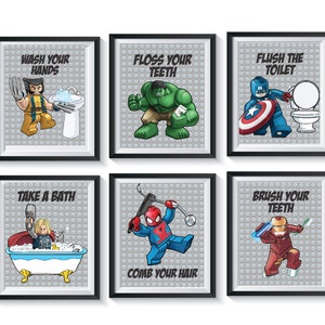 Superhero Bathroom Art Prints Qty 4 wall decor boy Avengers Spider-Man Iron Man Hulk Boys Captain America Thor Wolverine wash brush floss