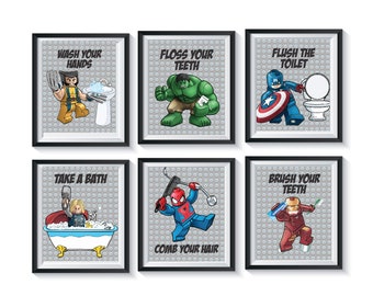 Superhero Bathroom Art Prints Qty 6 wall decor boy Avengers Spider-Man Iron Man Hulk Boys Captain America Thor Wolverine wash brush floss