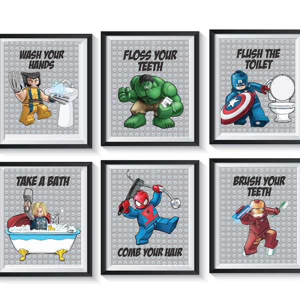 Superhero Bathroom Art Prints Qty 6 wall decor boy Avengers Spider-Man Iron Man Hulk Boys Captain America Thor Wolverine wash brush floss