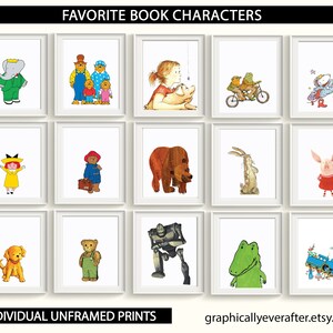 May include: A collage of 12 framed illustrations of popular children's book characters. The characters include Paddington Bear, The Very Hungry Caterpillar, Corduroy, Where the Wild Things Are, The Giving Tree, and more.